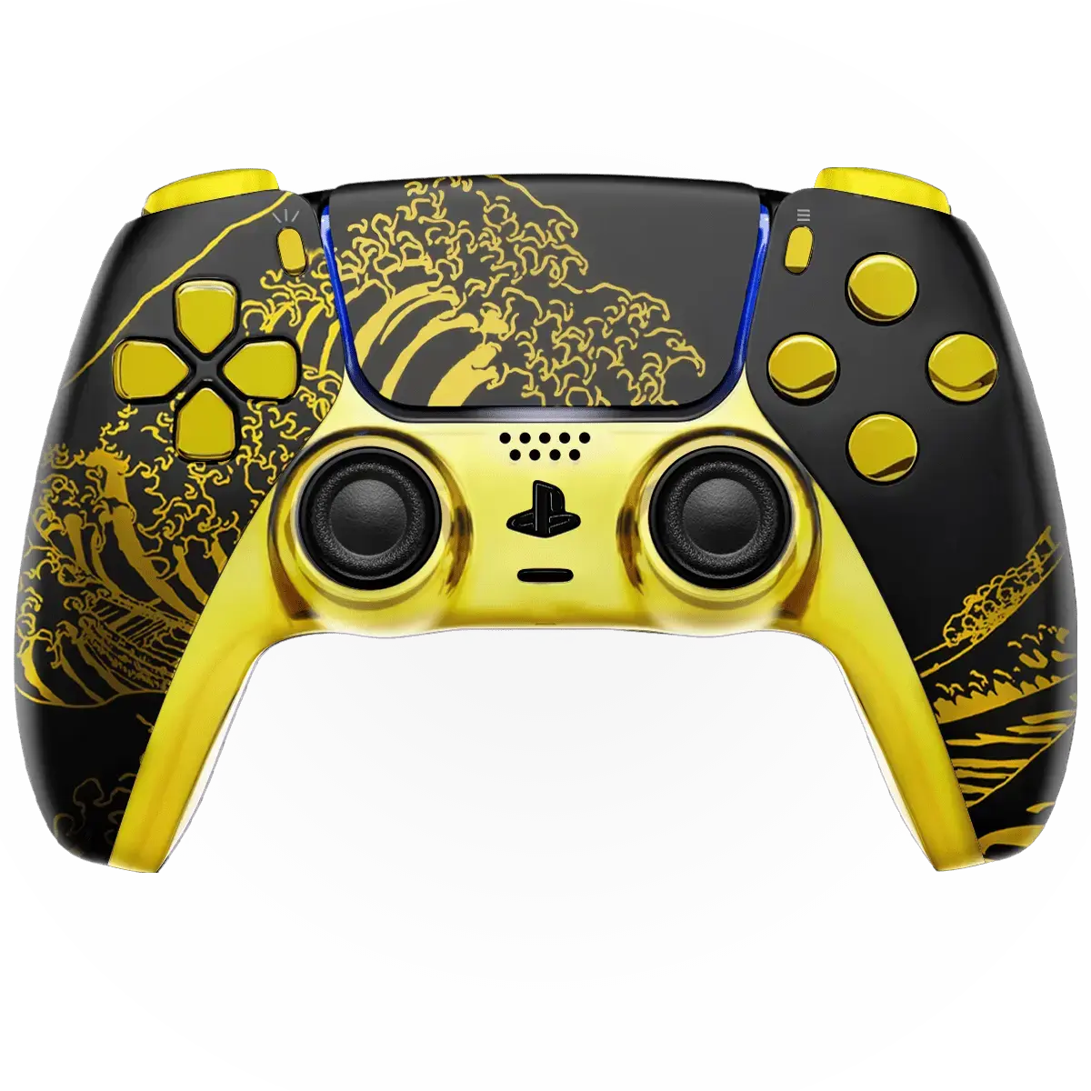 ModdedZone Blackout Surge PS5 custom controller with a black and gold tactical wave design, built for competitive shooters like Call of Duty: Modern Warfare 4