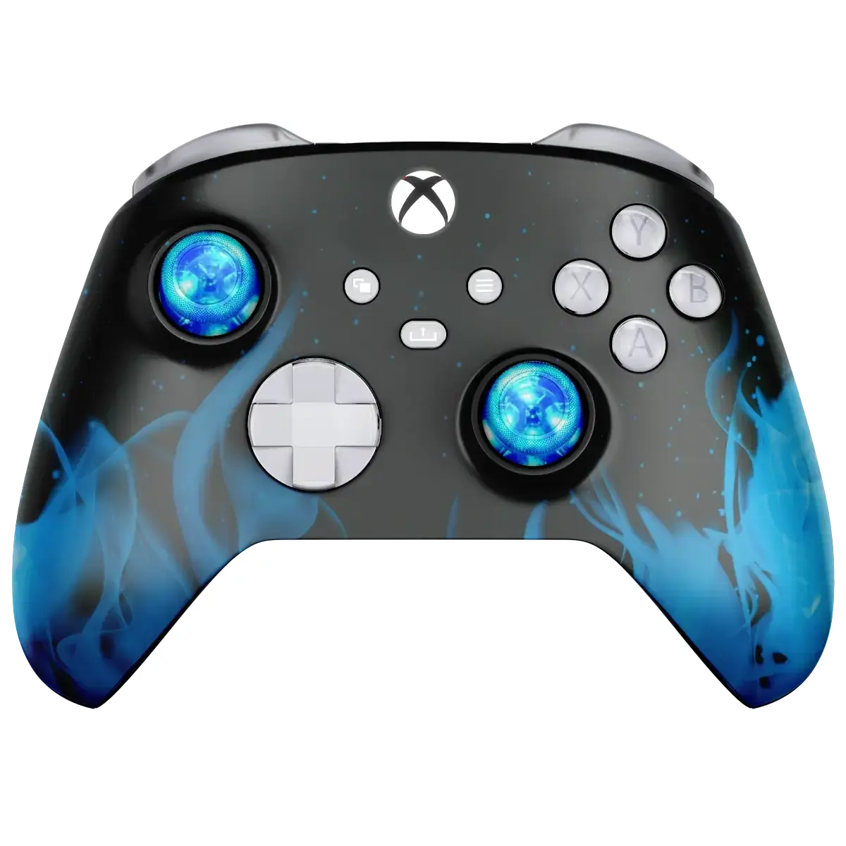 ModdedZone Chromium Blue Fire Xbox Series X custom modded controller, a full-size Xbox build with a blue-and-chrome design