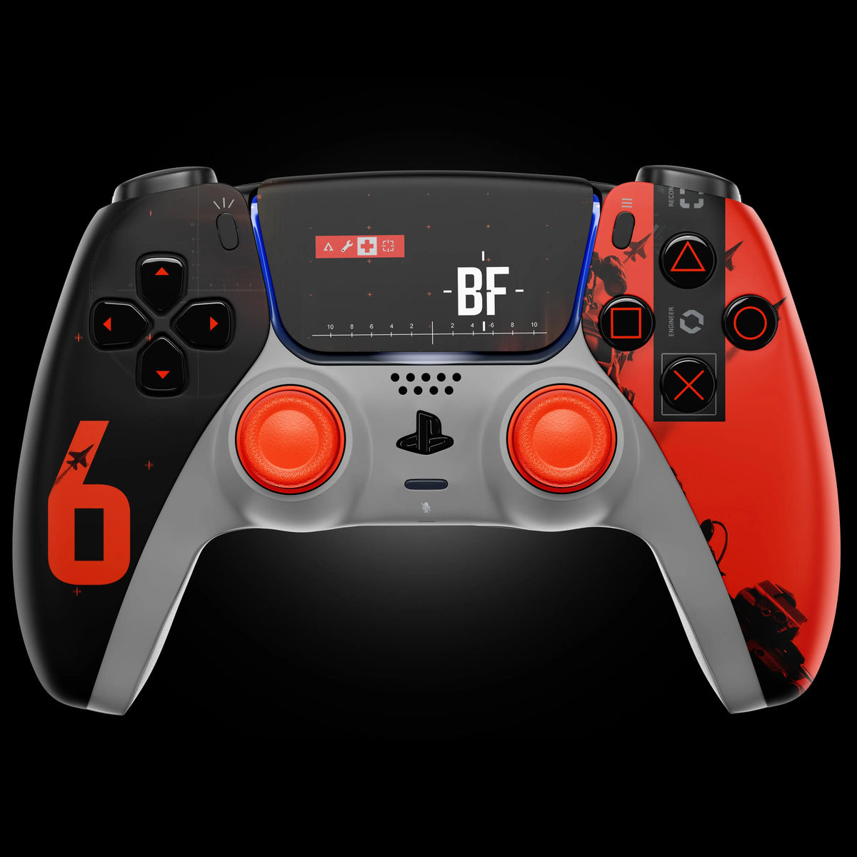 Custom PlayStation controller with Battlefield 6-themed black and orange design featuring BF logo and soldier silhouettes on the grips.