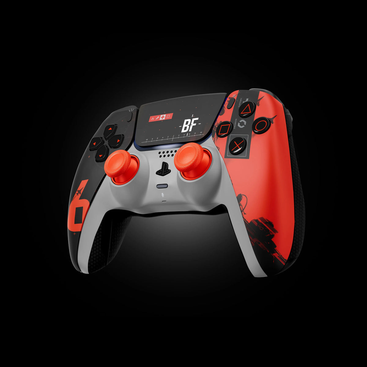 Right-side angle of a Battlefield 6-themed custom PlayStation controller with orange thumbsticks, BF logo display, and soldier silhouette on the grip.