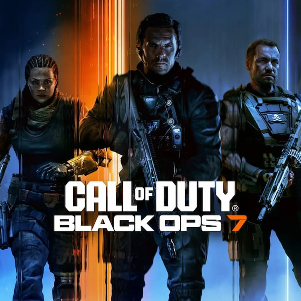 Call of Duty Black Ops 7 cover featuring three armed soldiers and the Call of Duty Black Ops 7 title in bold lettering