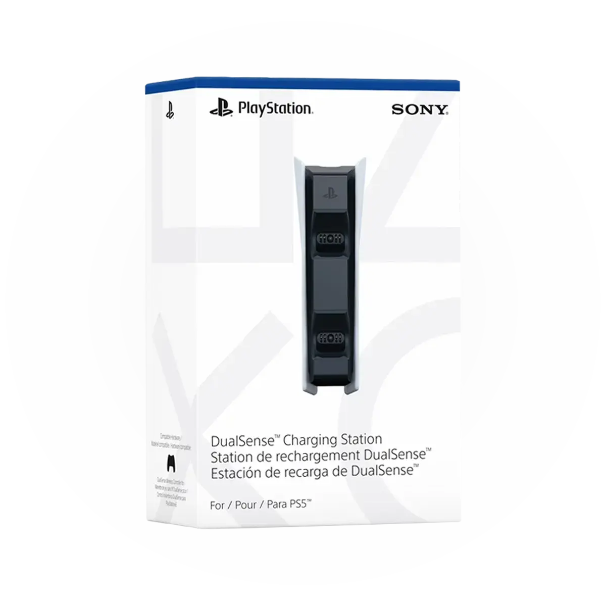 DualSense Charging Station retail box packaging, featuring PlayStation branding and product image of the charging dock