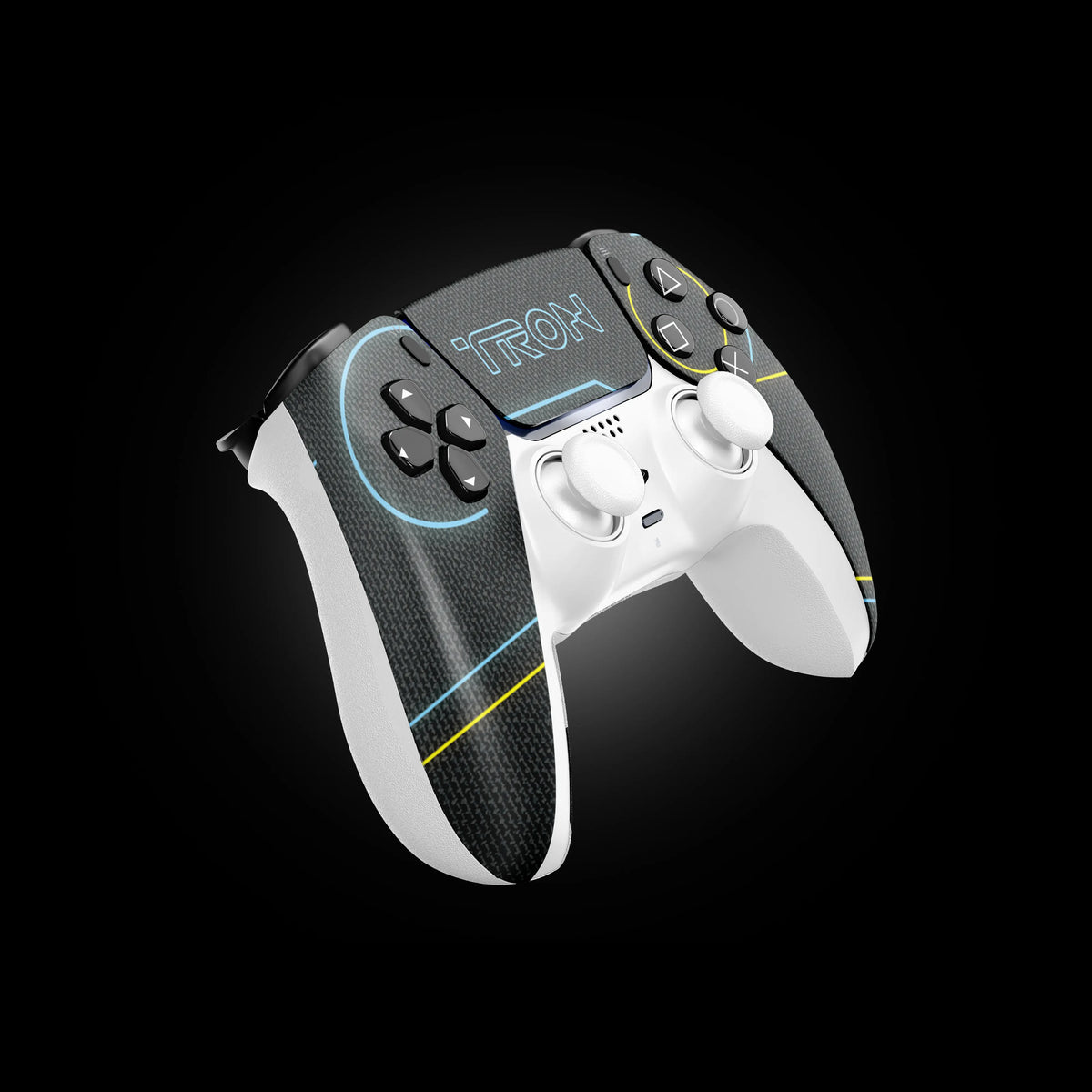 Side angle shot of Race The Future PS5 controller showing precision triggers, advanced mods, and sleek futuristic look