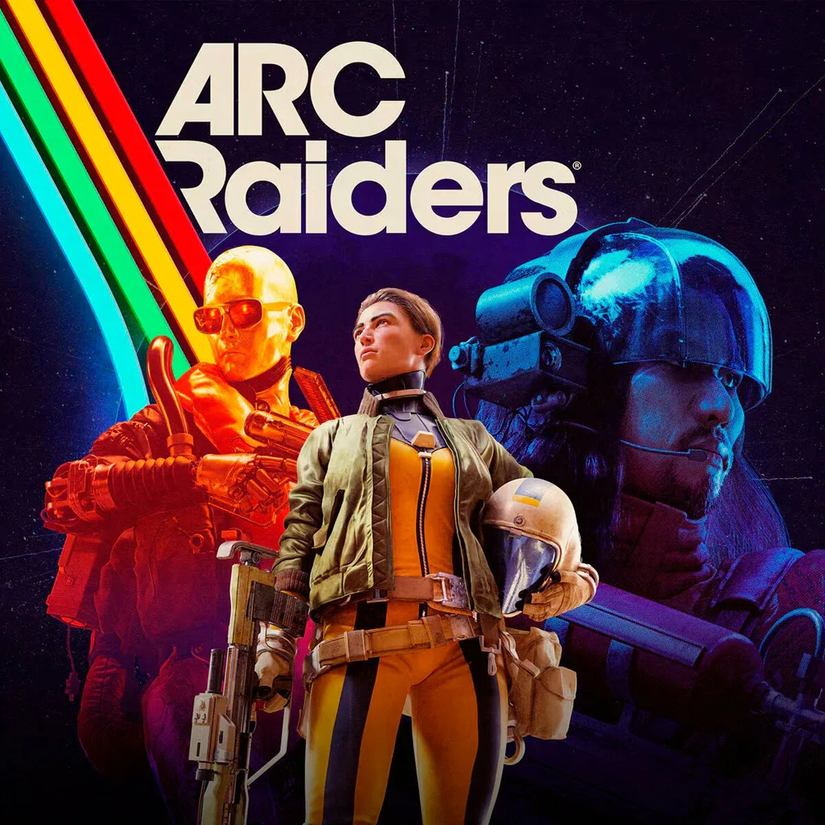 Promotional artwork for ARC Raiders featuring three futuristic characters—one in red lighting with armor and a weapon, a central character in yellow and green gear holding a helmet, and a blue-lit character wearing a visor—set against a dark sci-fi background with colorful diagonal stripes and the ARC Raiders logo above them.
