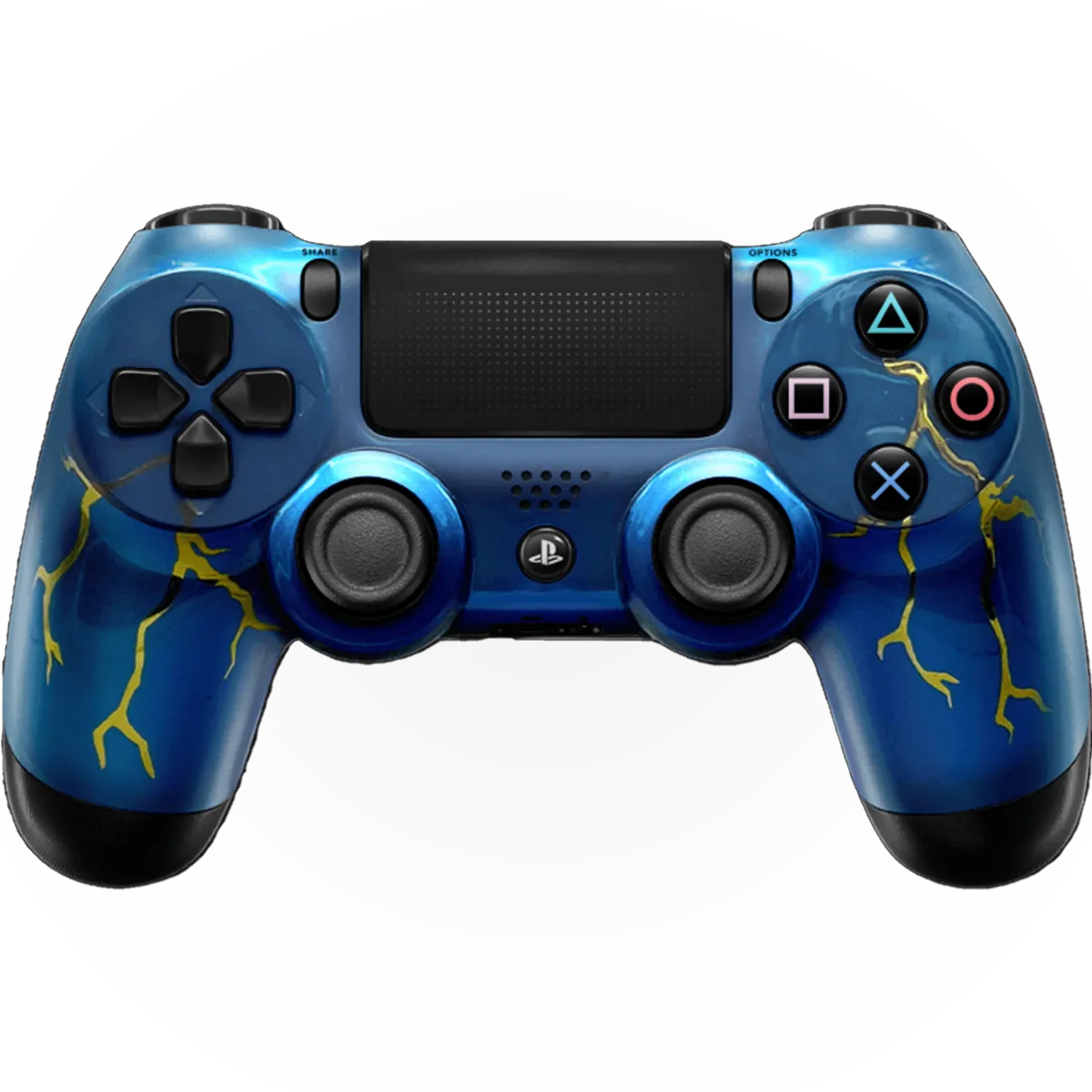 Blue custom PS4 controller with black buttons and yellow lightning-style cracks across the grips.