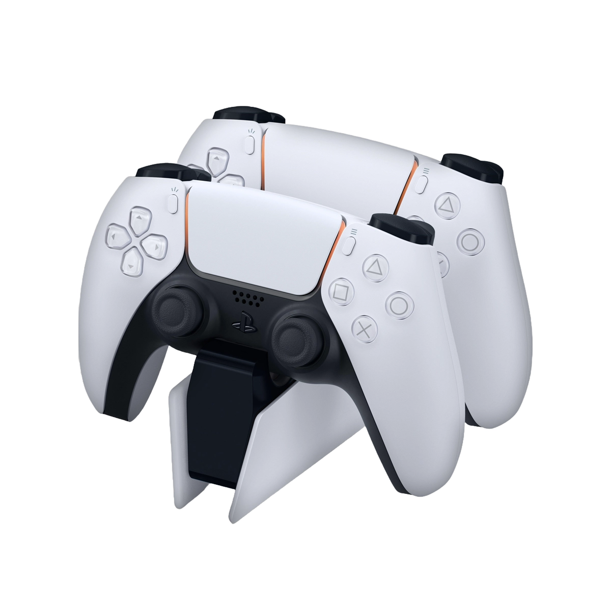 DualSense Charging Station docked with two DualSense controllers, showing compact design and easy click-in charging.