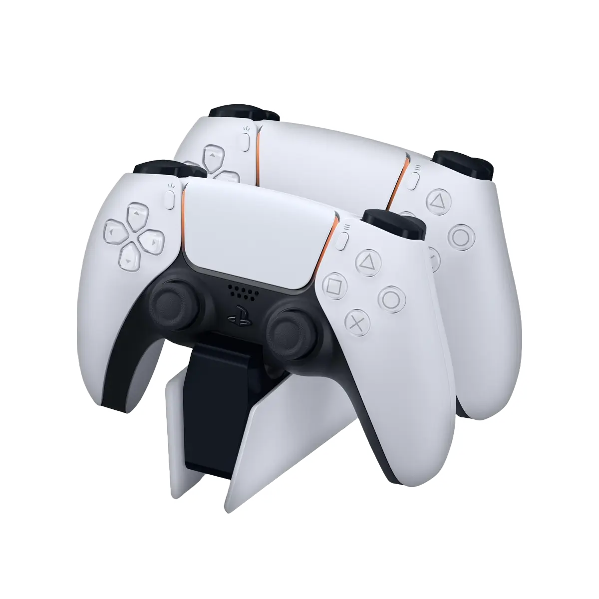 DualSense Charging Station docked with two DualSense controllers, showing compact design and easy click-in charging.