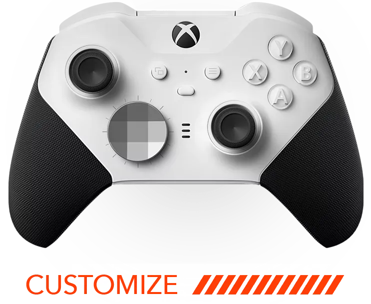 Digital graphic showcasing the Xbox Elite Series 2 Core controller customizer with adjustable features, color options, and mod configurations