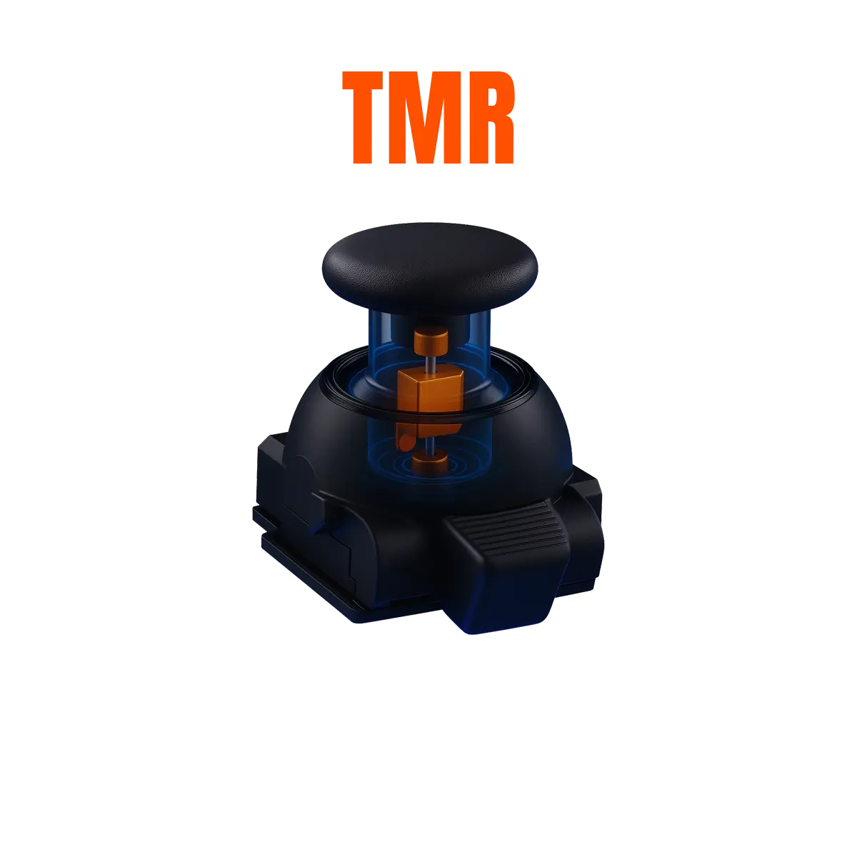 Close-up of DualSense Edge™ Thumbstick TMR Module, showing electromagnetic sensor design for drift-free precision.