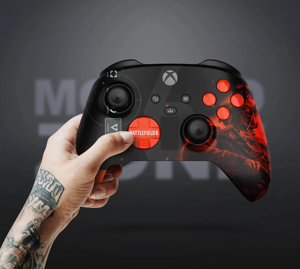 Rear view of a custom Xbox Series X controller with a matte black finish and bright orange trigger buttons.