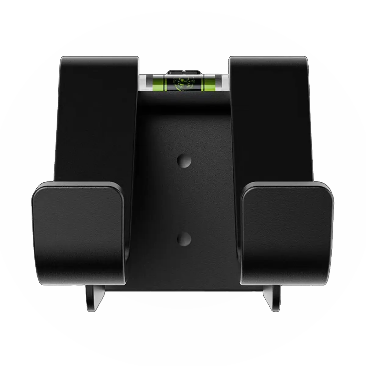 Top view of black gaming controller stand featuring dual support arms, mounting holes, and integrated bubble level for precise alignment.