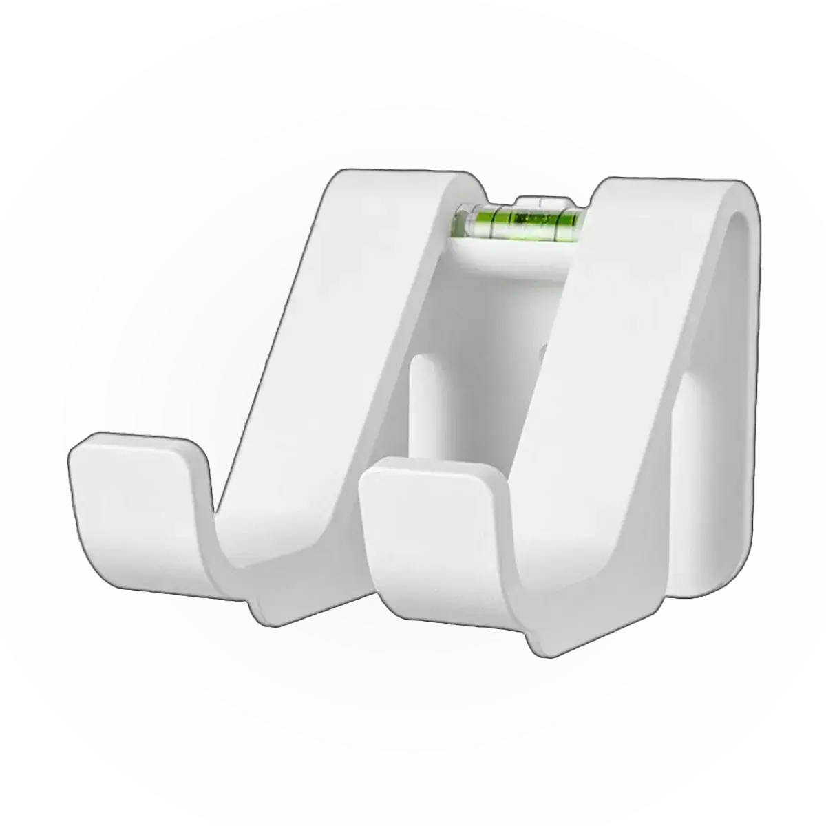 White dual-hook wall mount bracket for gaming controllers with a built-in level for easy installation.