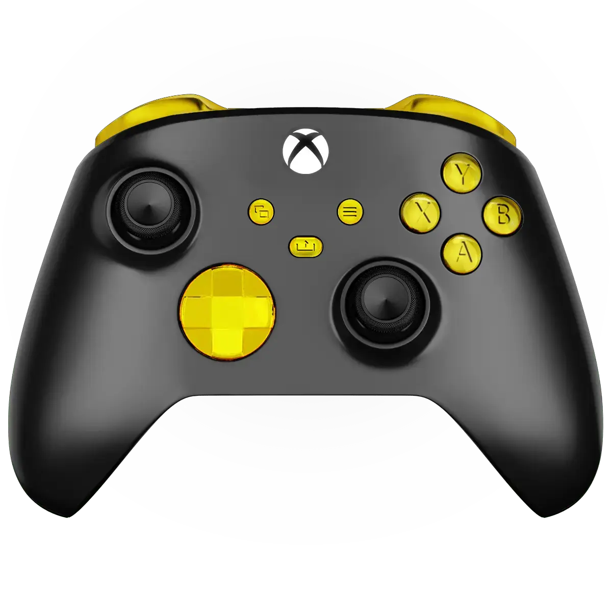 ModdedZone Black Gold Xbox Series X custom modded controller with chrome gold buttons and d-pad, a fitting pick for a long GTA 6 session