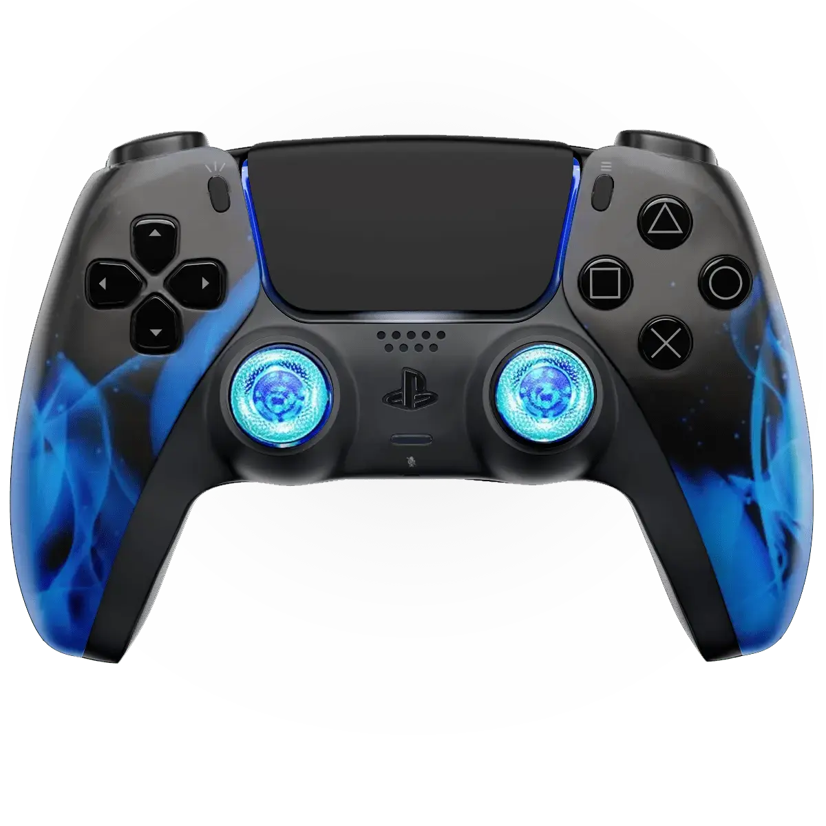 Blue Fire ModdedZone custom modded PS5 controller with a blue flame design, a good match for a Fortnite setup