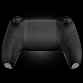 Rear view of a custom PlayStation controller with textured black grip panels and matte black finish.
