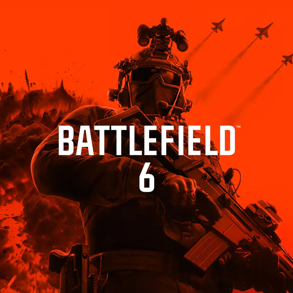 Battlefield 6 game cover showing a soldier holding a weapon against a black and orange battlefield background.