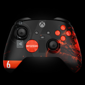 Front view of a custom Xbox controller featuring a Battlefield 6 design with a black and orange color scheme, themed artwork of a soldier, orange action buttons, and an orange D-pad labeled ‘Battlefield 6’