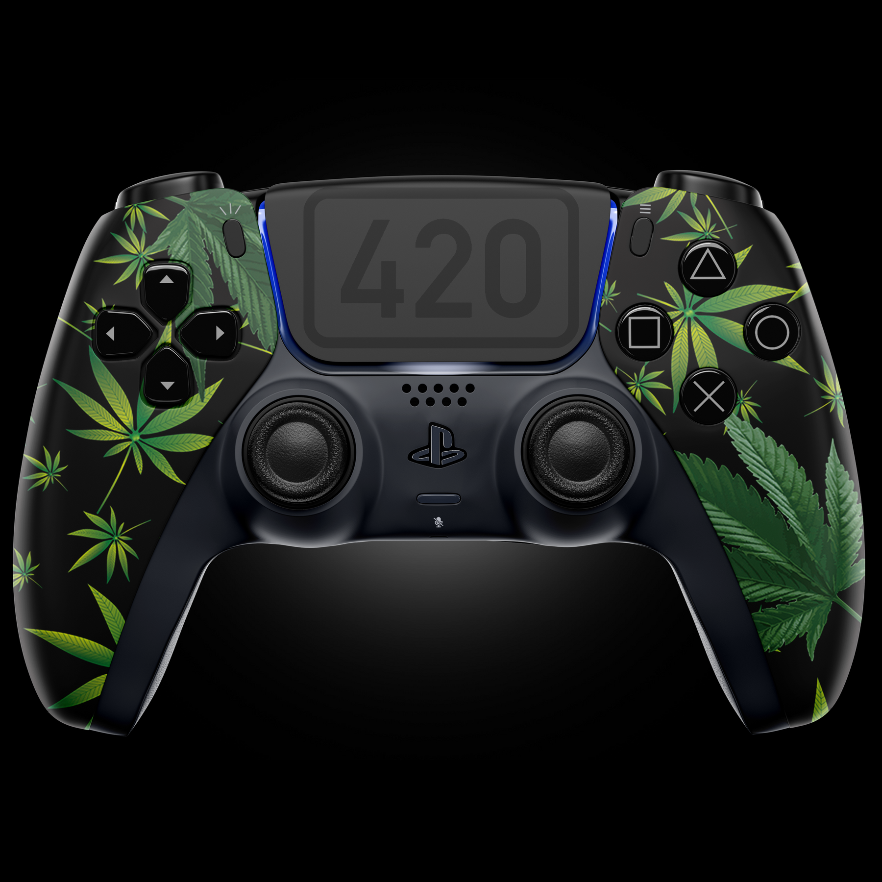 MODDEDZONE 420 PS5 Custom Modded Controller featuring green leaf-inspired design, MZ Titan OS, and advanced mod features for competitive gameplay