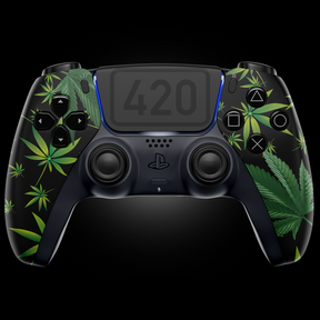MODDEDZONE 420 PS5 Custom Modded Controller featuring green leaf-inspired design, MZ Titan OS, and advanced mod features for competitive gameplay