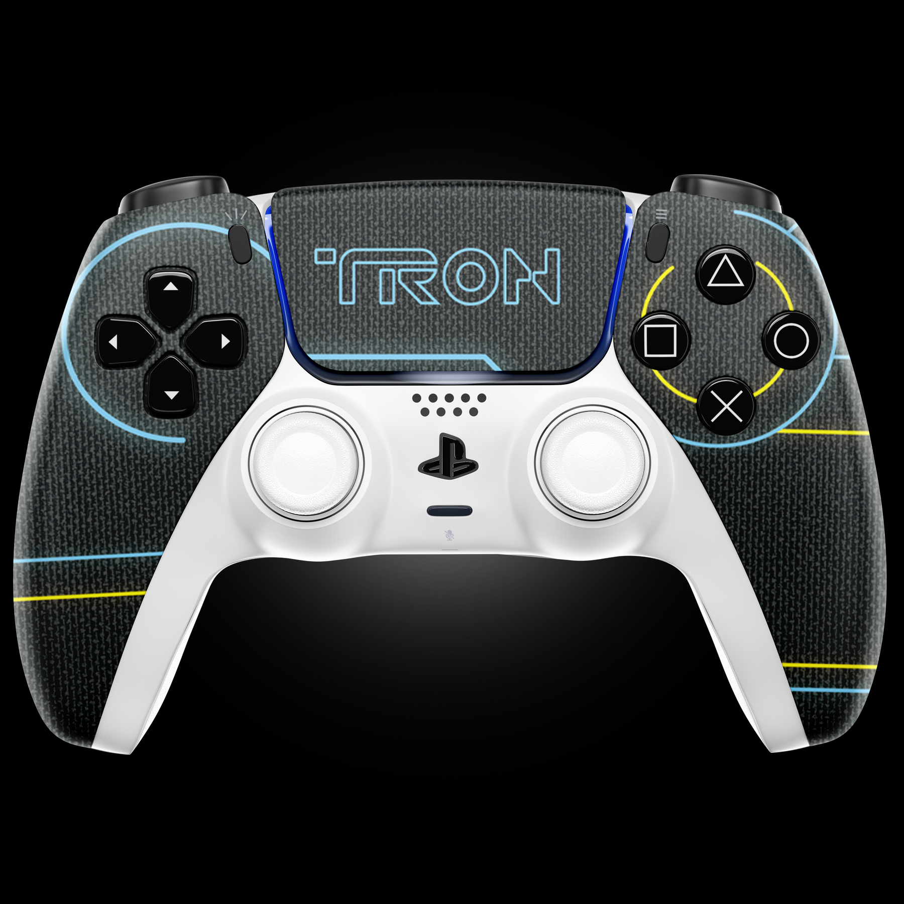 Front view of MODDEDZONE Race The Future PS5 controller featuring neon racing theme, textured grip, and pro gaming mods