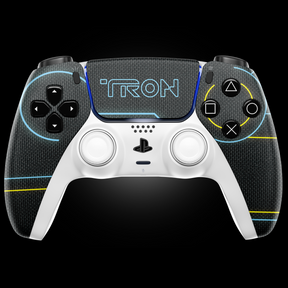 Front view of MODDEDZONE Race The Future PS5 controller featuring neon racing theme, textured grip, and pro gaming mods