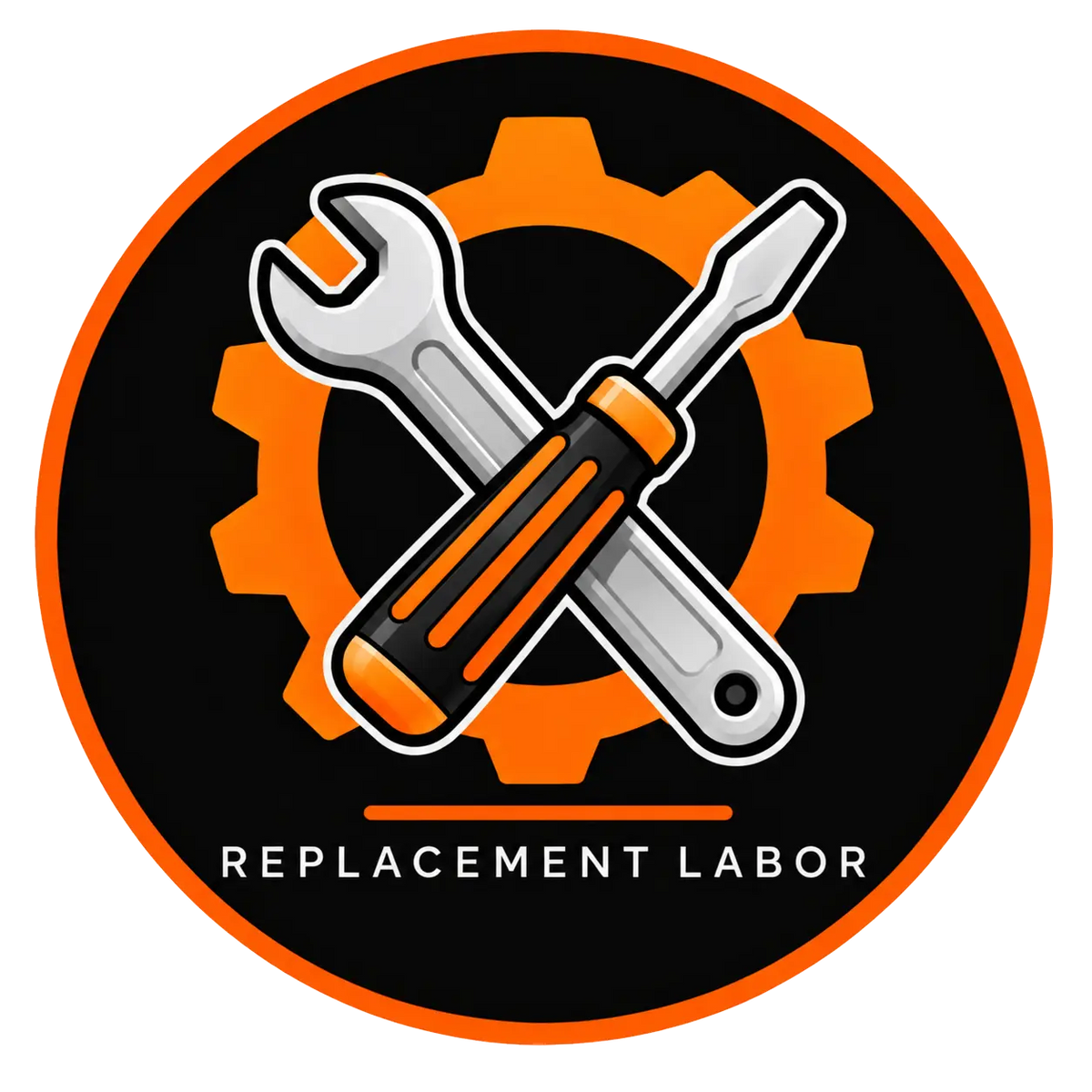 Replacement labor service icon featuring a wrench, screwdriver, and orange gear representing professional repair and installation services.