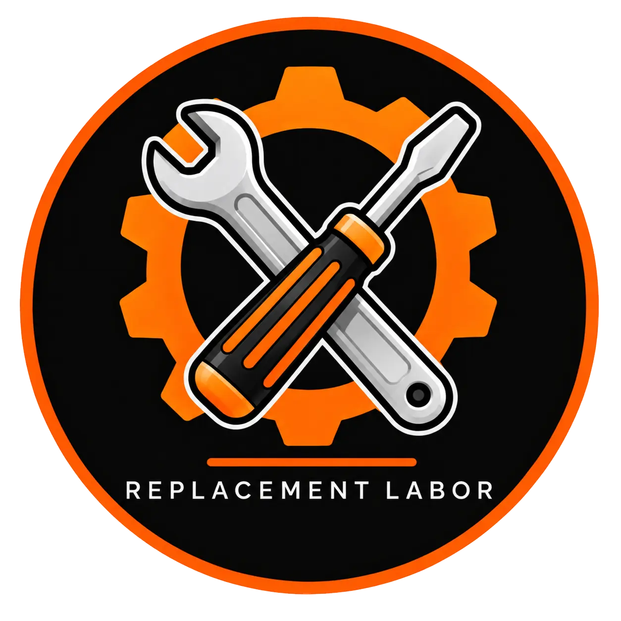 Replacement labor service icon featuring a wrench, screwdriver, and orange gear representing professional repair and installation services.