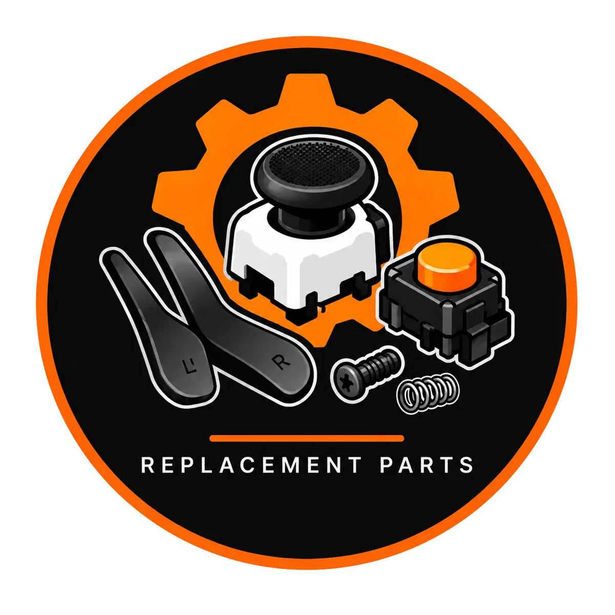Replacement controller parts including thumbsticks, paddles, buttons, screws, springs, and internal components.