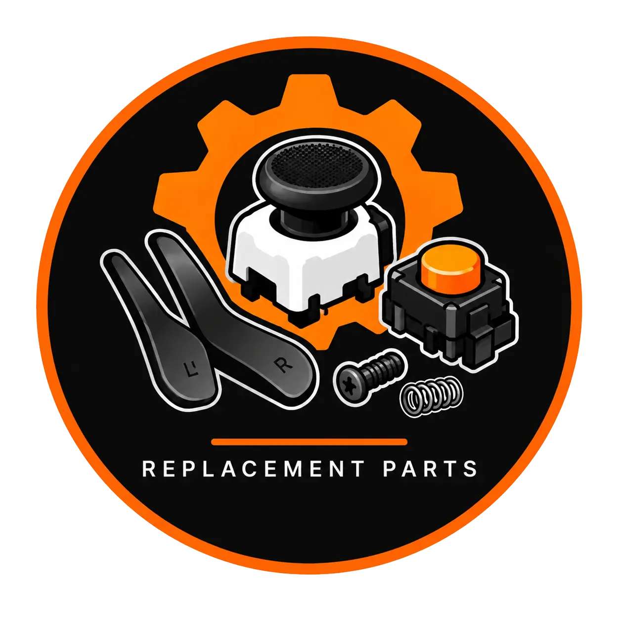 Replacement controller parts including thumbsticks, paddles, buttons, screws, springs, and internal components.