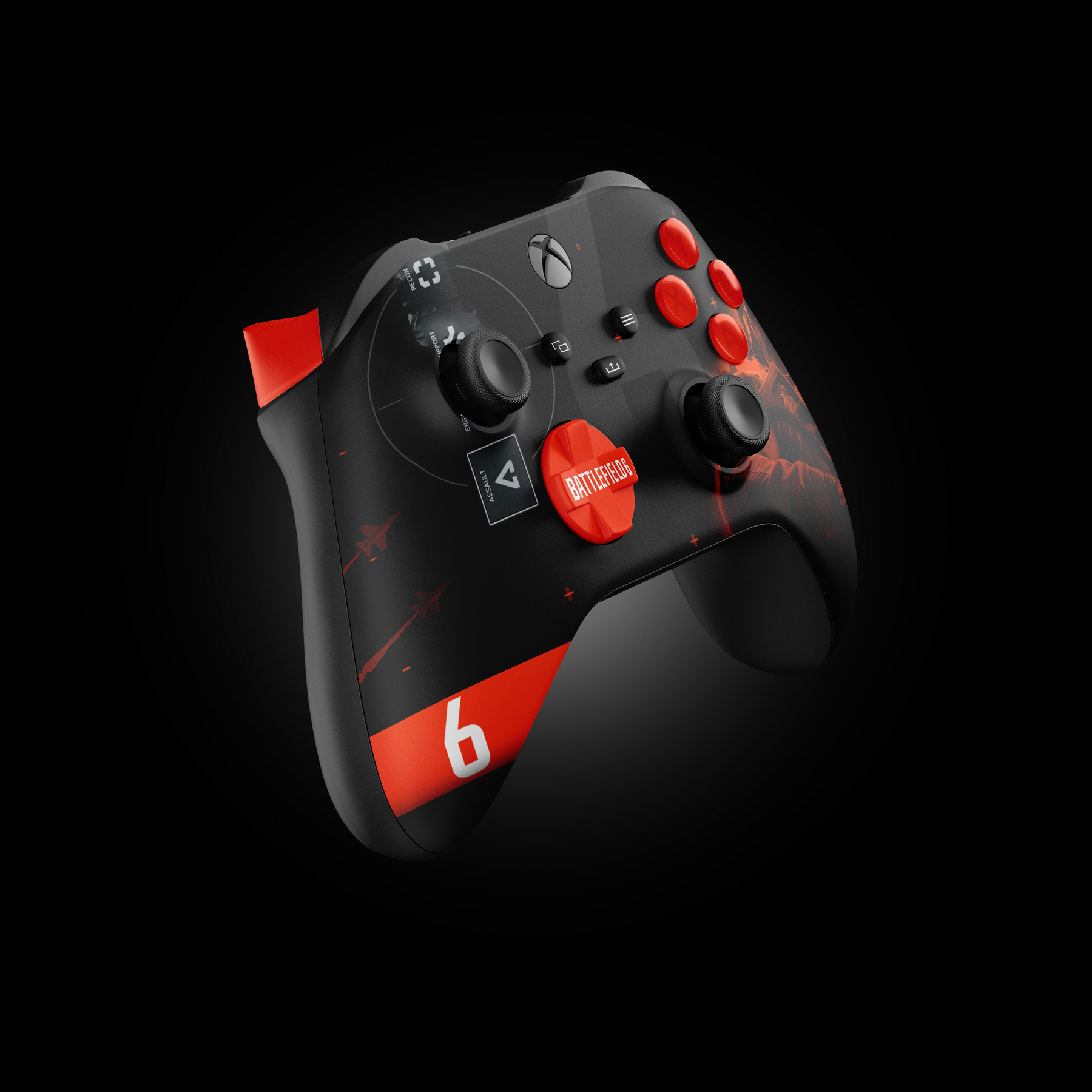 Angled side view of a custom Xbox controller with a Battlefield 6 design, showcasing the black and orange military-style artwork, orange accents on buttons and D-pad, and the number 6 on the lower left grip.