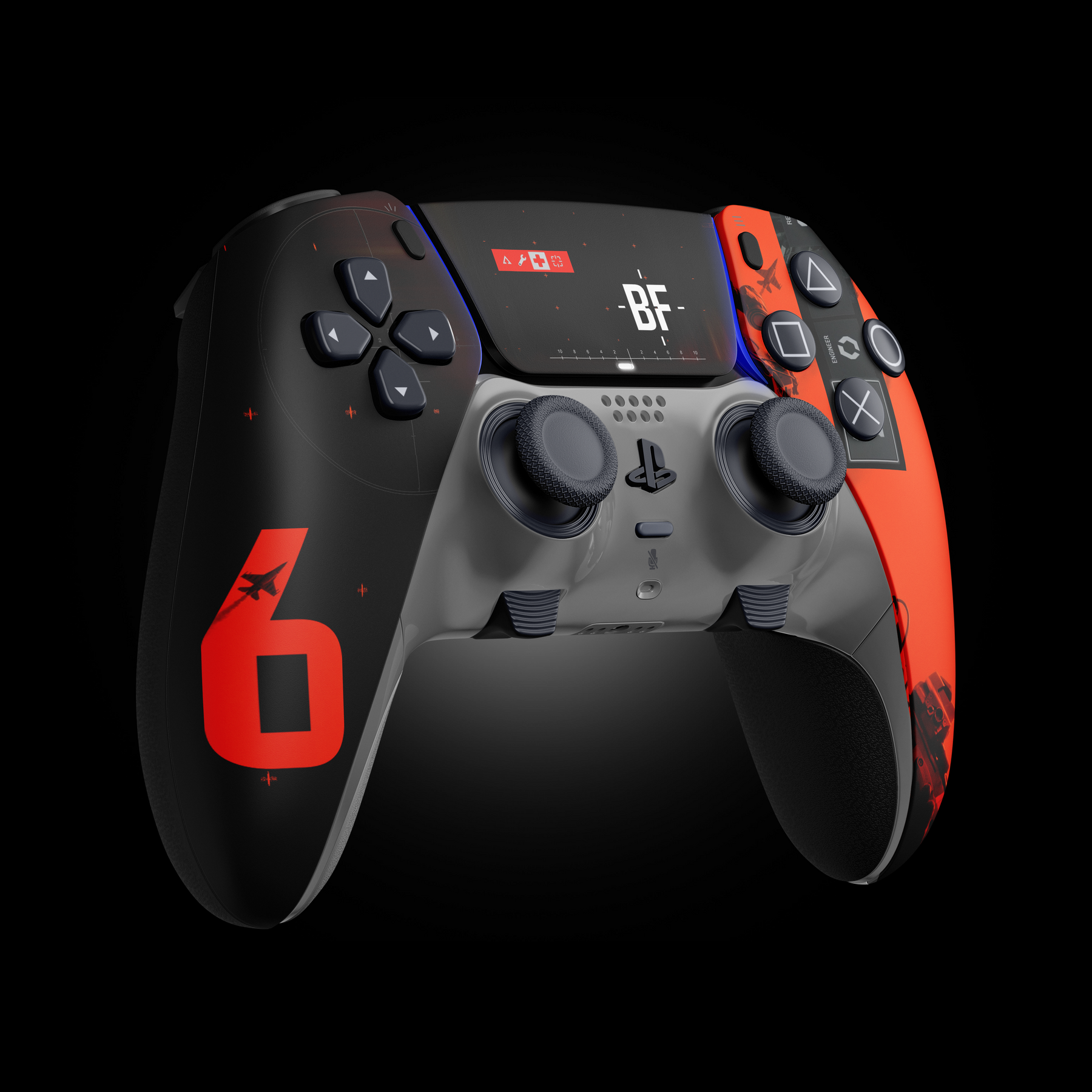 Close-up of face buttons on MODDEDZONE BATTLEBORN PS5 DualSense Edge controller with combat-style theme and mod features