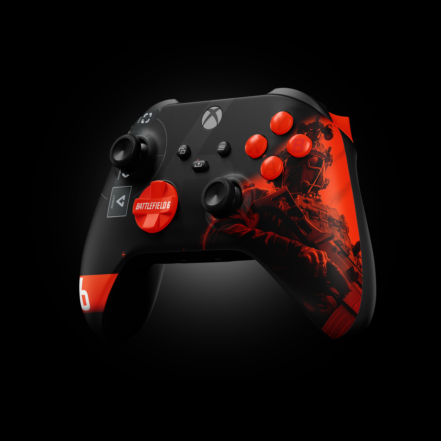 Angled front-right view of a custom Xbox Series X controller with a Battlefield 6 design, showing orange accents, orange buttons, and artwork of a soldier in orange tones on the right grip.
