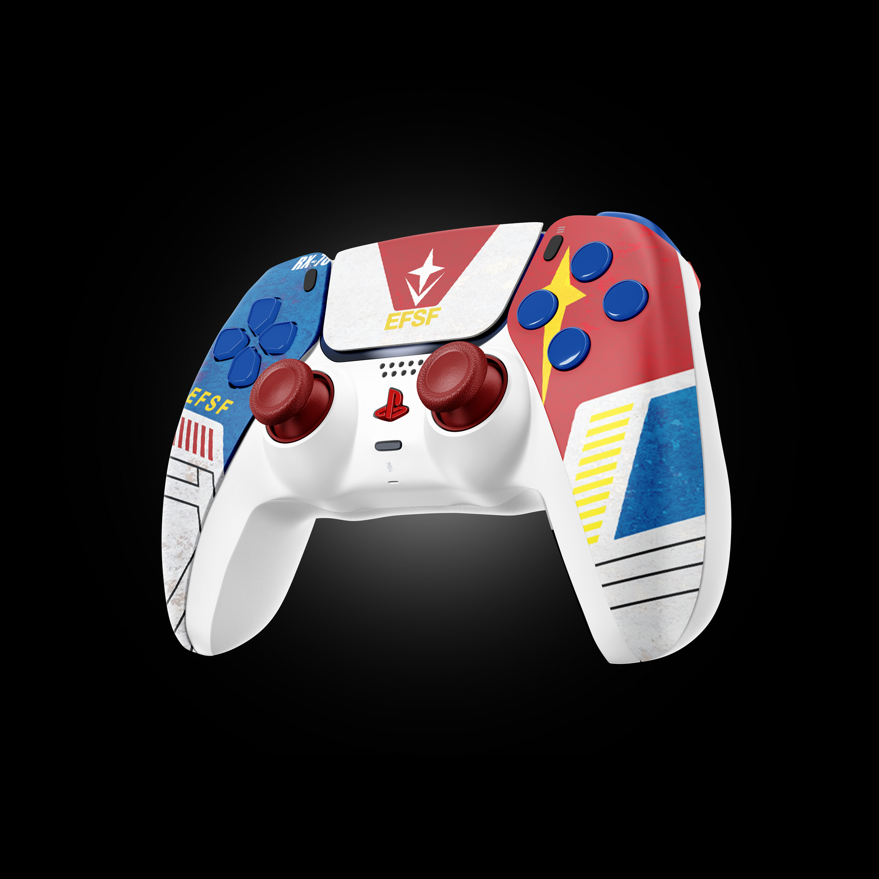 Close-up of buttons on MODDEDZONE EFSF PS5 controller featuring mech-style graphics and pro gaming mod