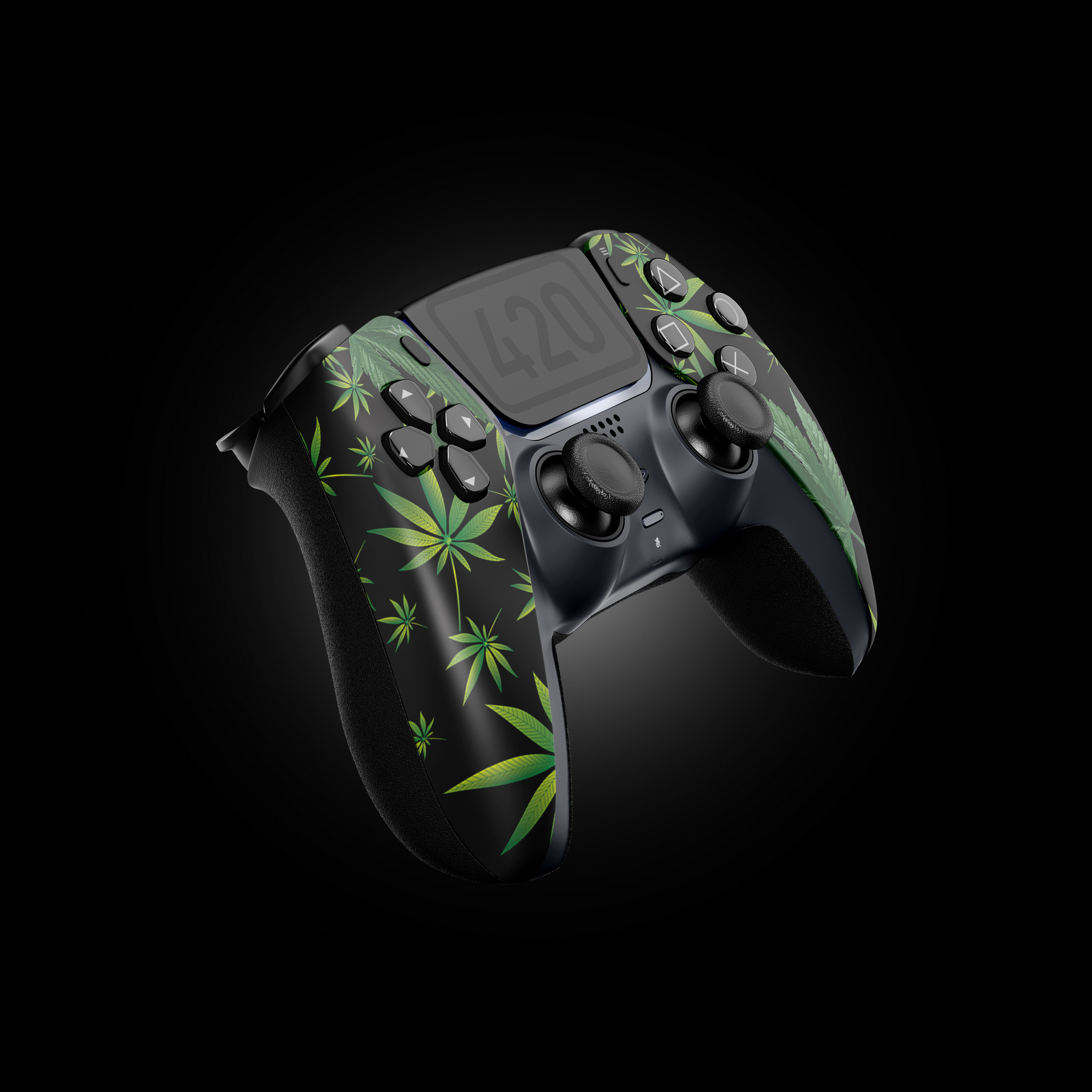 Side angle of MODDEDZONE 420 PS5 controller highlighting premium shell, mod triggers, and green accent theme