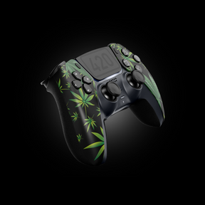 Side angle of MODDEDZONE 420 PS5 controller highlighting premium shell, mod triggers, and green accent theme