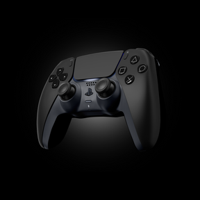 Side angle of MODDEDZONE Midnight Black PS5 controller showcasing ergonomic shape, trigger system, and stealth black design