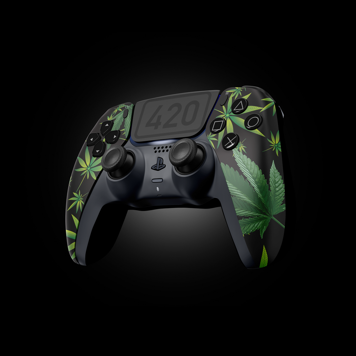 Front view of MODDEDZONE 420 PS5 Custom Modded Controller with green 420 theme, textured grips, and mod activation buttons