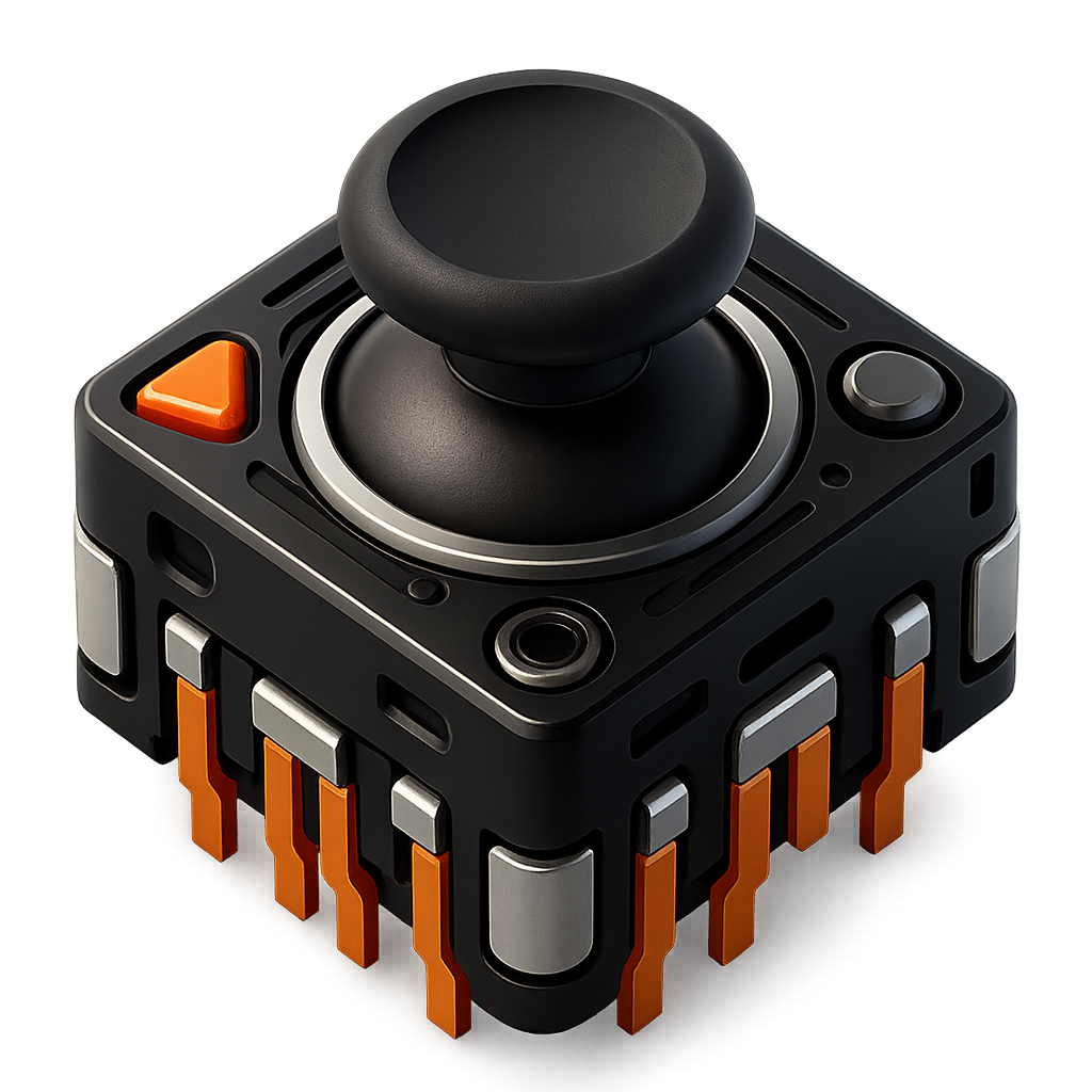 3D-rendered TMR thumbstick module icon with a black joystick cap, metallic frame, and orange connector pins on a clear background.