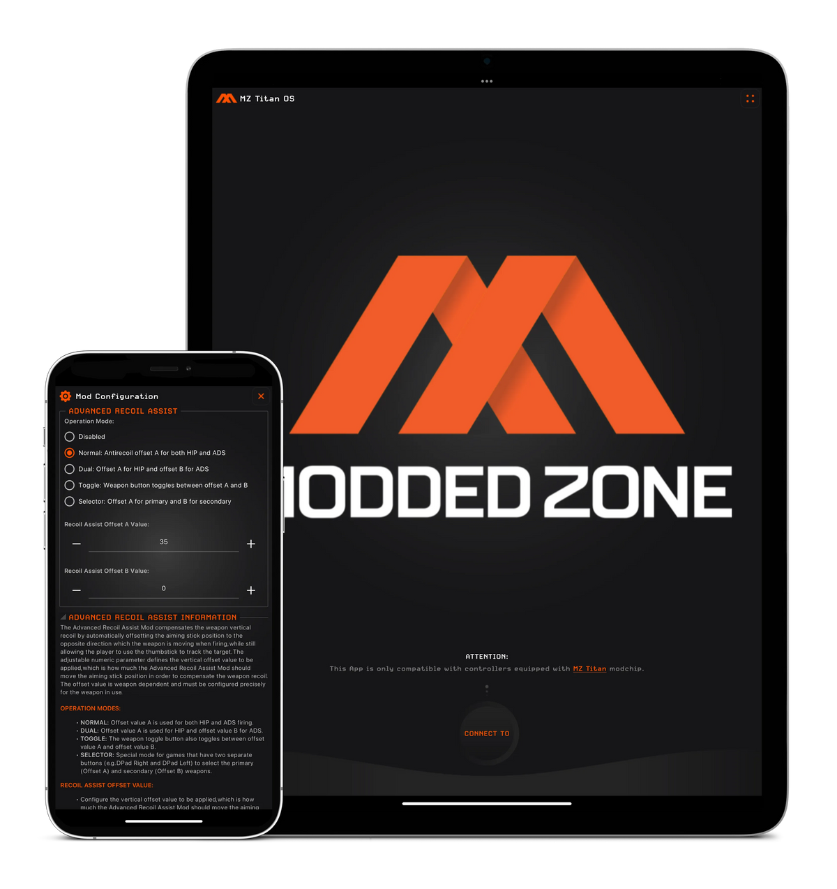 MZ Titan OS app on a phone and tablet controlling a MODDEDZONE modded controller