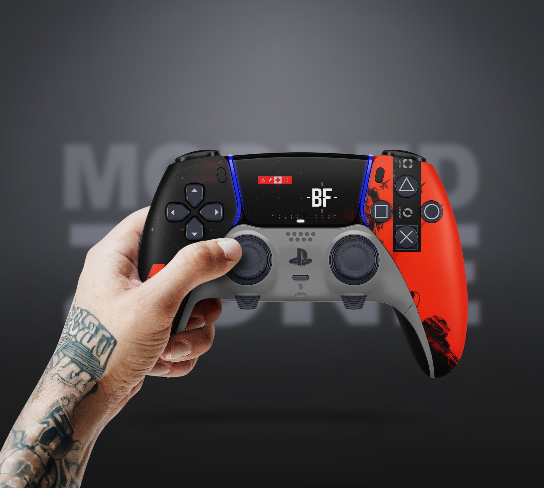 Gamer holding MODDEDZONE BATTLEBORN PS5 DualSense Edge controller with pro paddles, mod buttons, and battle-ready styling