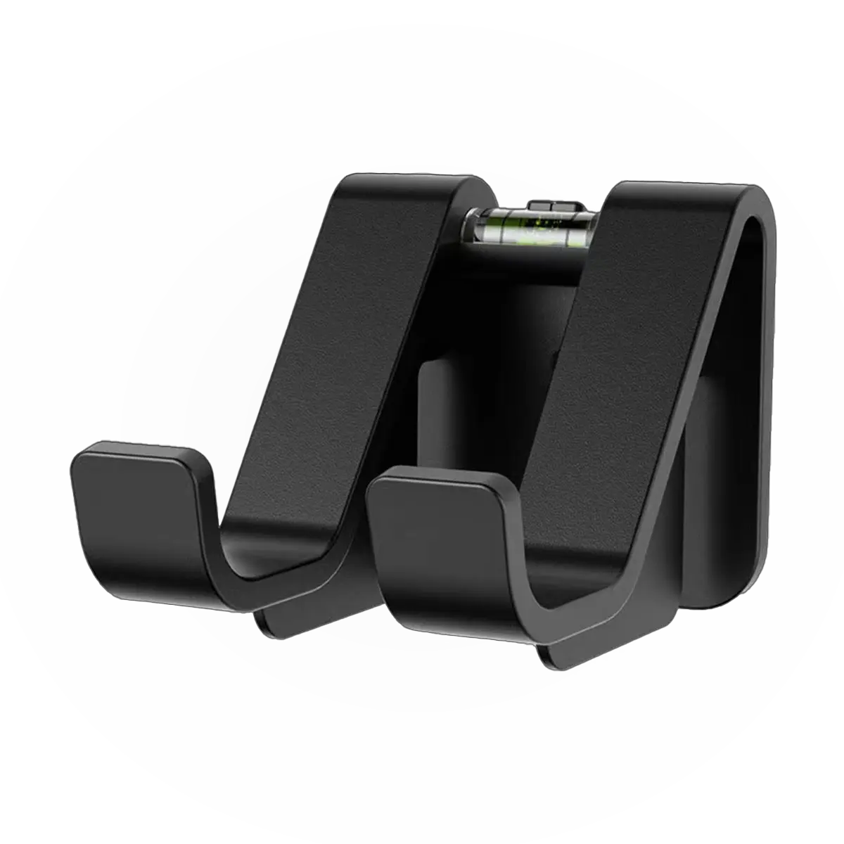 Black controller display stand with dual curved arms and built-in level indicator, designed to hold gaming controllers securely.
