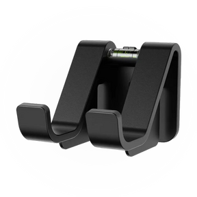 Black controller display stand with dual curved arms and built-in level indicator, designed to hold gaming controllers securely.