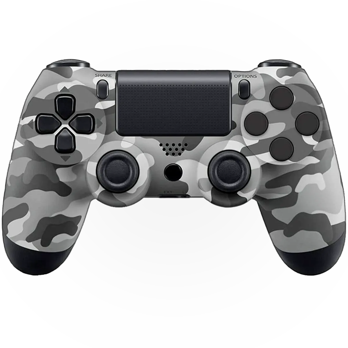 Front view of a gray camouflage PS4 controller with black analog sticks, dark gray buttons, and a matching camo-patterned shell.