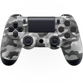 Front view of a gray camouflage PS4 controller with black analog sticks, dark gray buttons, and a matching camo-patterned shell.