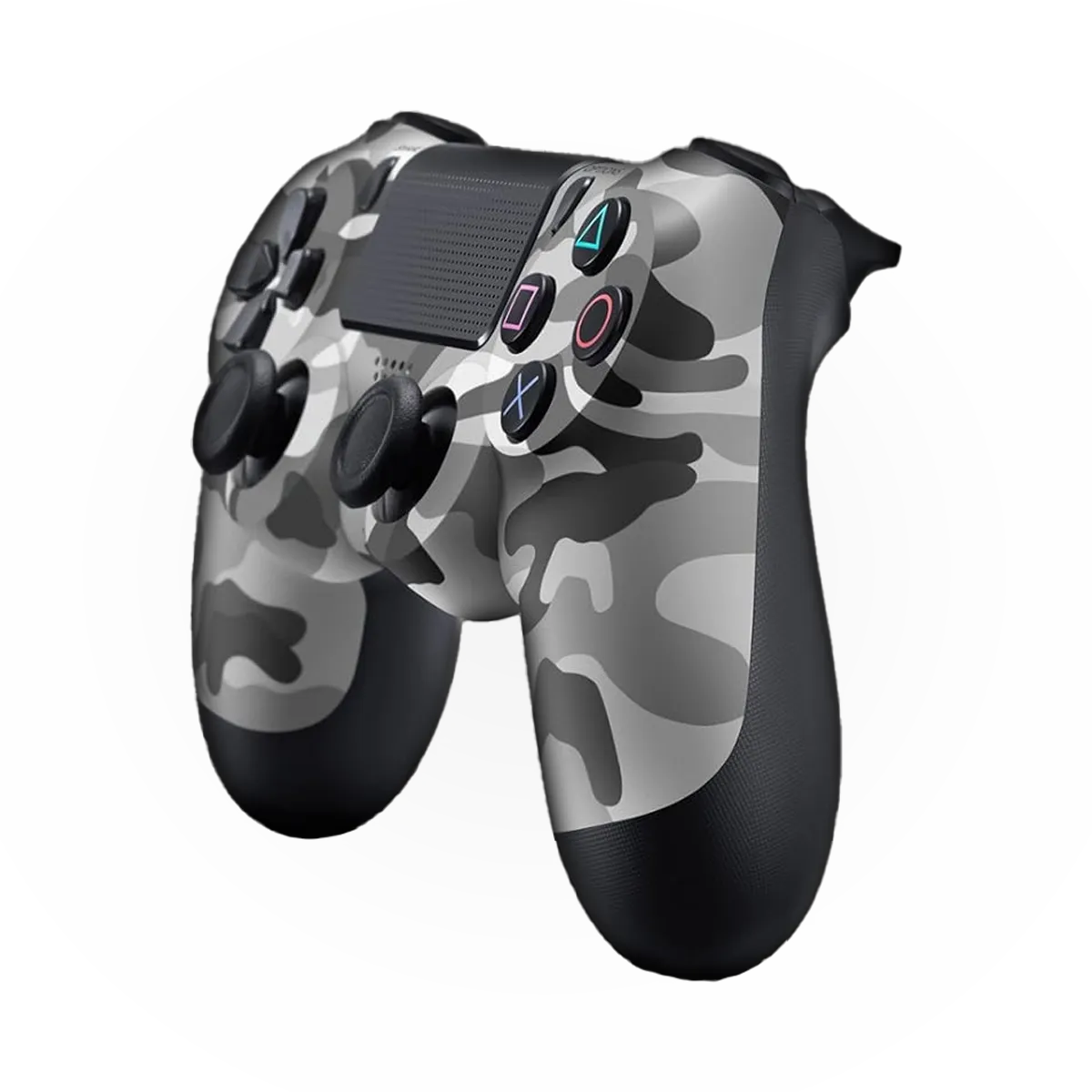 Side-angle view of a gray camouflage PS4 controller featuring a matte finish, black buttons, and textured grips.