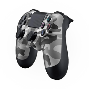 Side-angle view of a gray camouflage PS4 controller featuring a matte finish, black buttons, and textured grips.