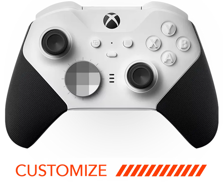 Digital graphic showcasing the Xbox Elite Series 2 Core controller customizer with adjustable features, color options, and mod configurations
