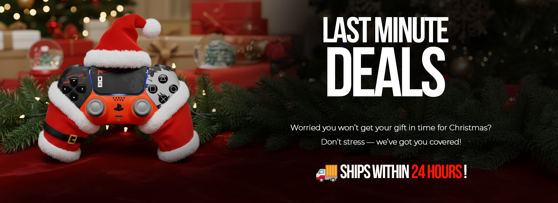 Holiday banner featuring a Santa-dressed PlayStation controller and MODDEDZONE Last Minute Deals with guaranteed 24-hour shipping.
