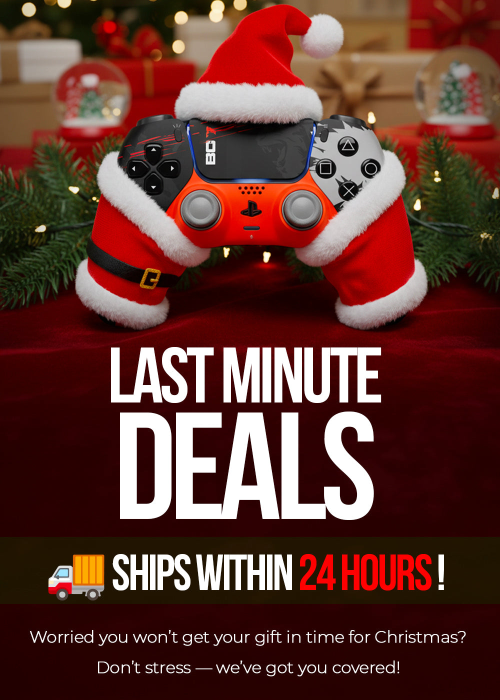 Christmas-themed modded PS5 controller in Santa outfit promoting MODDEDZONE last minute deals with 24-hour shipping before Christmas.