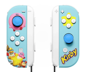 Custom Nintendo Switch Joy-Con controller set that have a light blue and white color scheme, a yellow star behind the right-side buttons, and additional characters and artwork along the bottom. The right Joy-Con displays a large colorful artwork near the bottom. The design is playful and bright.